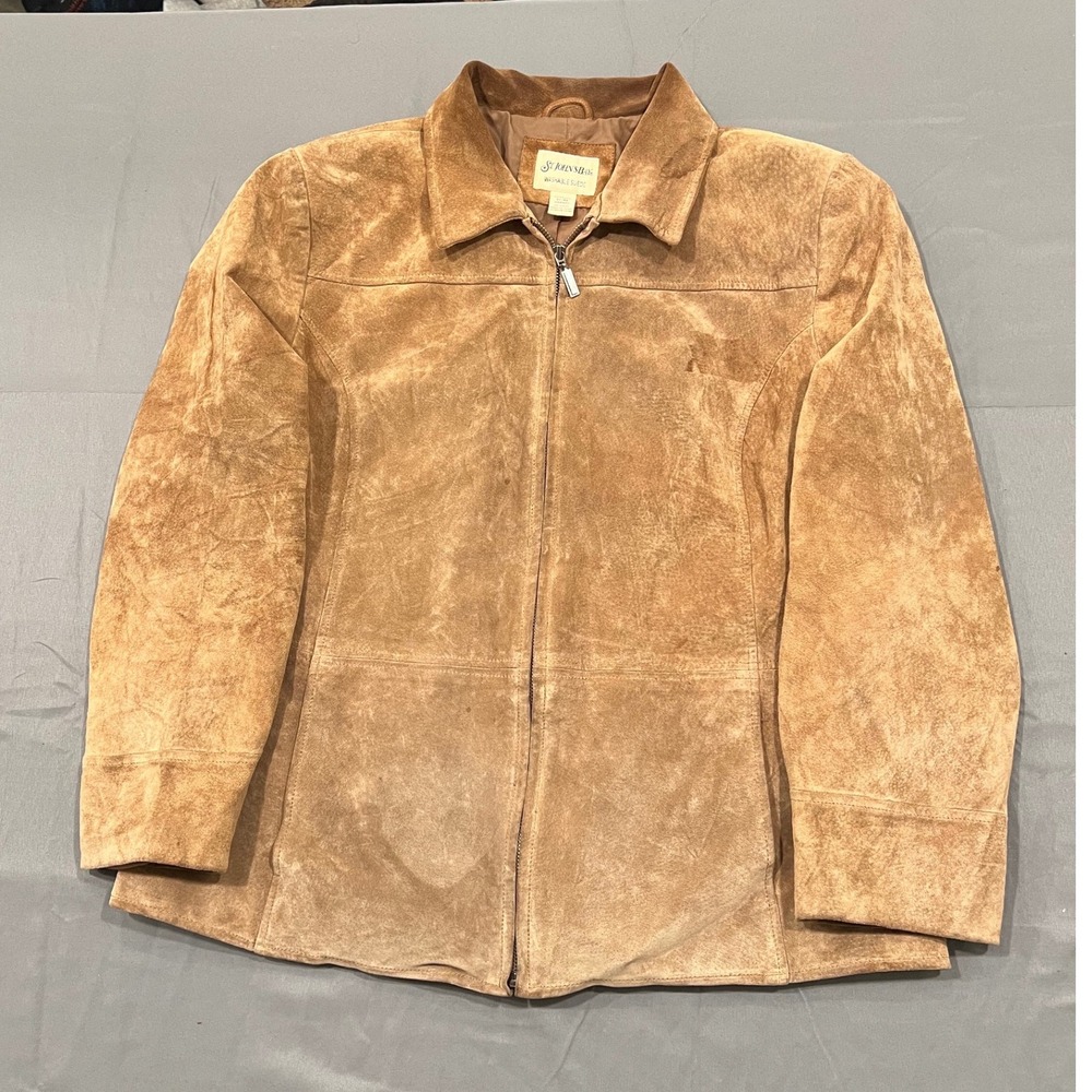 St Johns Bay Tan Washable Suede Leather Zip Front Jacket Women XL Vintage Boho